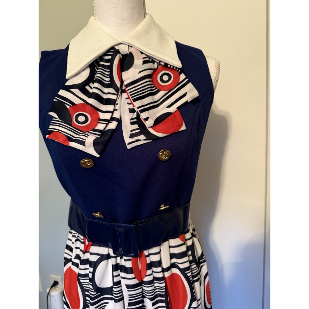 Vtg Mod Geometric Print Maxi Dress Red White & Blue 60s 70s Retro Hostess Op Art - Picture 15 of 16